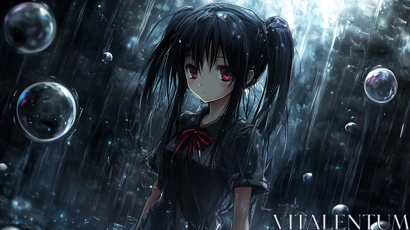 Rain-swept anime girl adrift among silver, trembling bubbles.