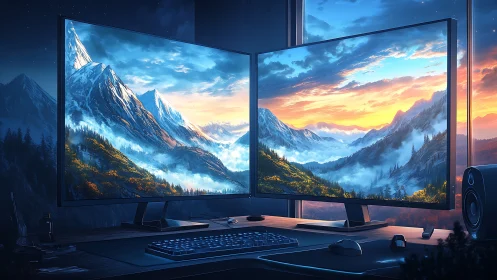 Dual ultrawide monitors rendering luminous alpine vista diptych.