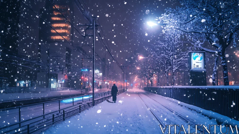 Quiet city snowfall along neon tracks at winter midnight.