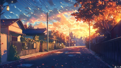 Sunlit residential street shows autumn foliage at sunset