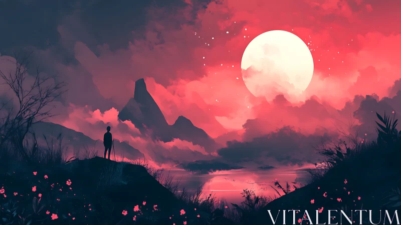 Silhouetted observer facing large moon over red landscape.