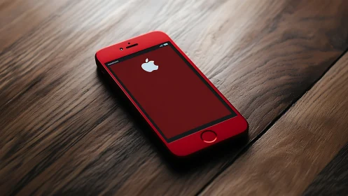 Red iPhone displayed on wooden surface with illuminated Apple logo.