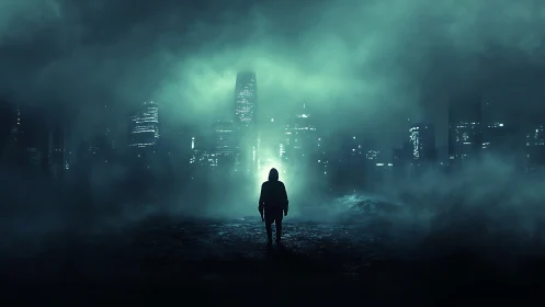 Lone wanderer stepping into a misty neon city glow.
