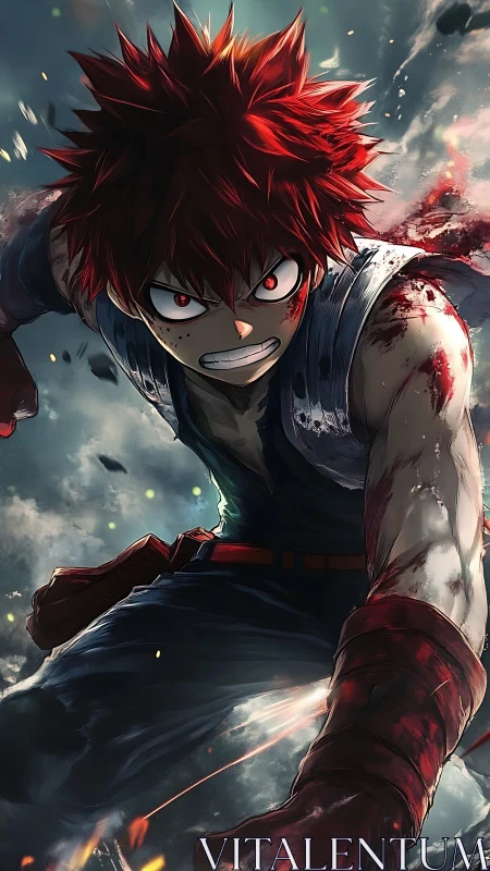 Battle-scarred anime hero charges forward through chaos