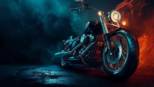 Motorcycle is rendered in low-angle view with dual color lighting