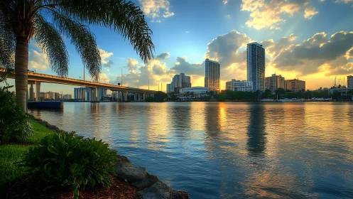 Waterfront city skyline with palm trees at sunset glow.