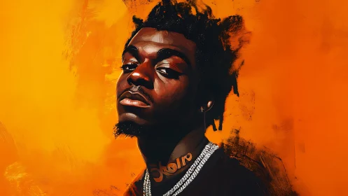 Expressive digital portrait against saturated orange ground