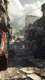 Derelict urban alley with decayed mid-rise residential blocks.