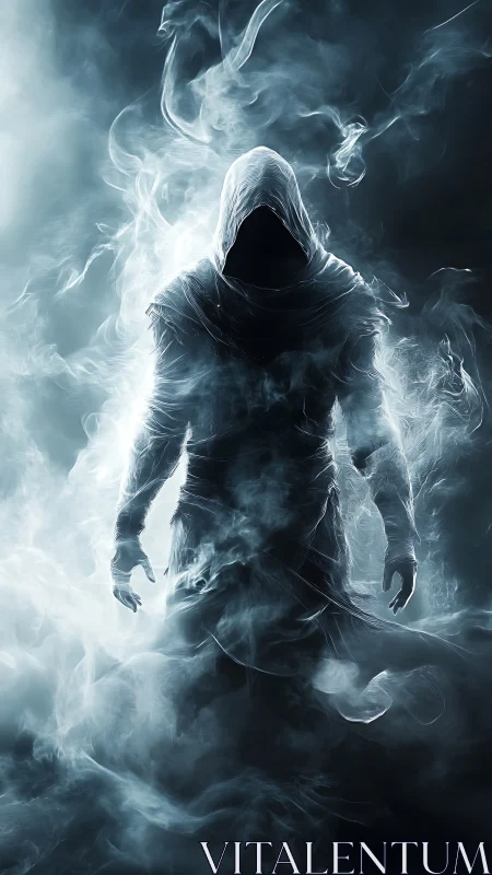 Hooded humanoid figure stands shrouded in swirling smoke