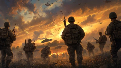 Infantry squad advances under dramatic war-torn sunset sky.