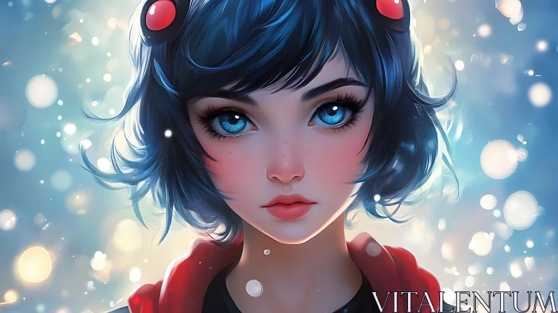 Digital portrait depicts blue‑haired girl with luminous eyes
