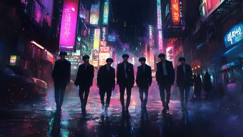 Neon city rain welcomes a united group walking with purpose