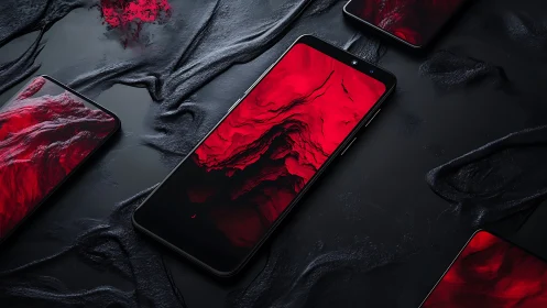 Black smartphones display vivid red abstract fluid textures.