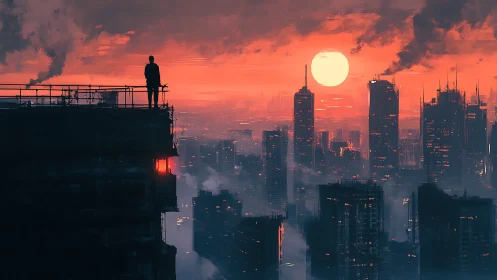 Silhouette observes dense highrise skyline at red sunset