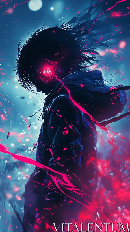 Electric cyber wanderer stands in glowing neon storm