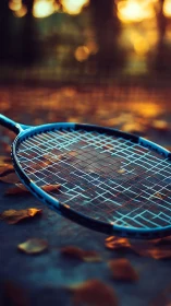 Tennis racket on court ground in warm sunset light scene.