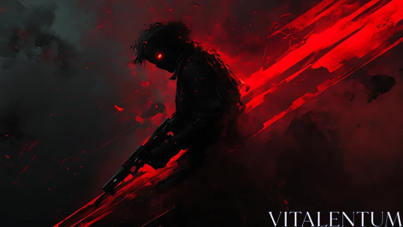 Shadow operative with glowing eyes in red particle storm.