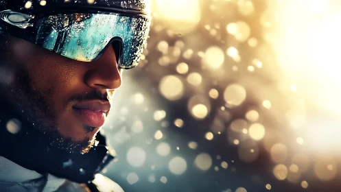 Calm winter rider soaking in golden snowlit daydreams.