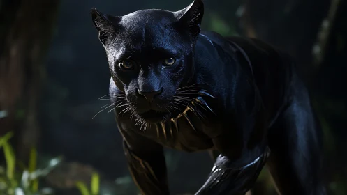 Obsidian Panther Emerges From Shadows With Piercing Gaze.