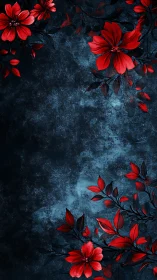 Crimson flowers bloom across moody dark blue texture.