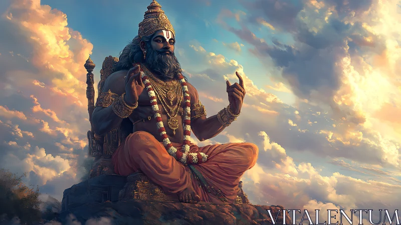 Monumental seated deity rendered with volumetric clouds and dusk light