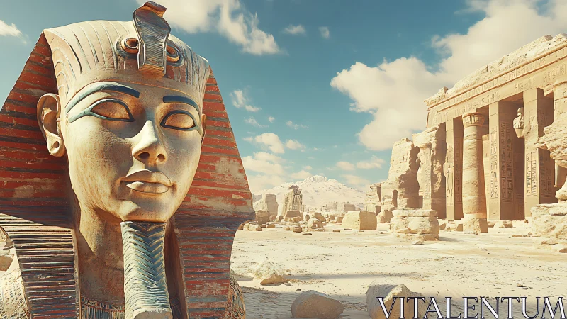 Sunlit Pharaoh sentinel guarding a crumbling desert temple.