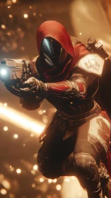 Armored sci‑fi marksman in mid‑air pose under warm bokeh lighting