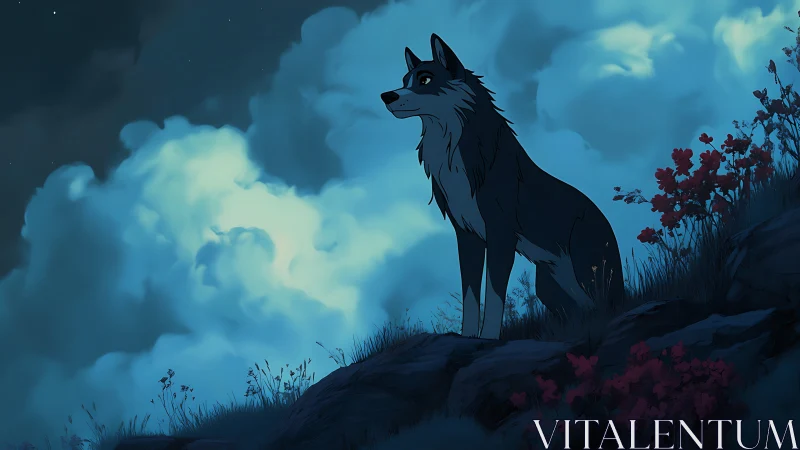 Moonlit hill wolf watches stormlit clouds breathe slowly.