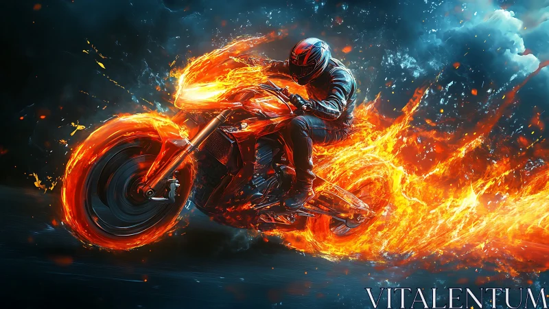 Motorcycle rider leans into turn while engulfed in flames