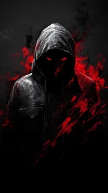 Digital hooded specter with red glitch flare composition.