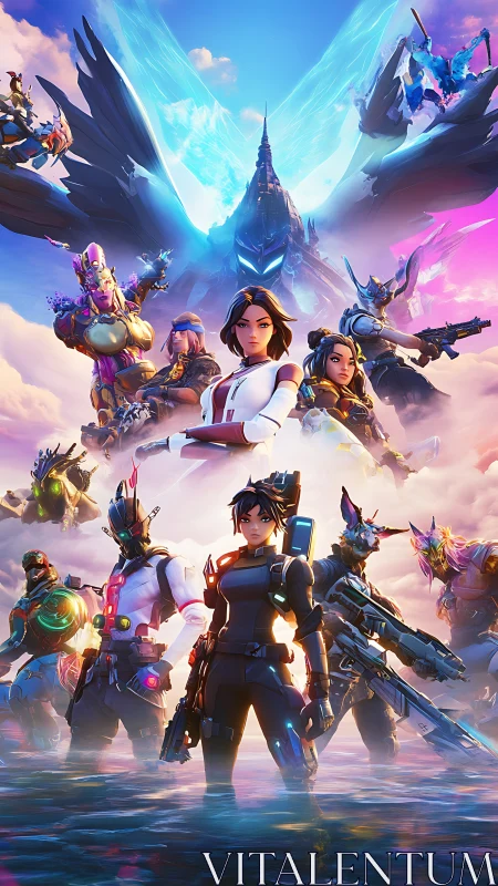 Neon sky warriors assemble beneath a crystalline cyber phoenix.