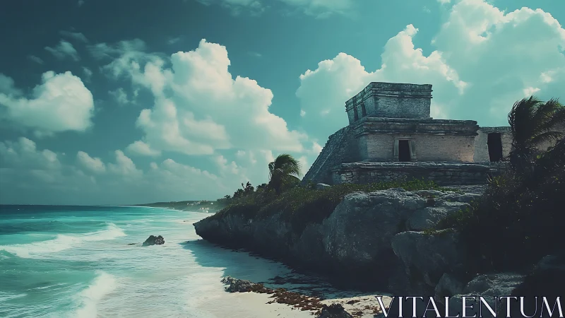 Ancient stone temple overlooks turquoise tropical coastline