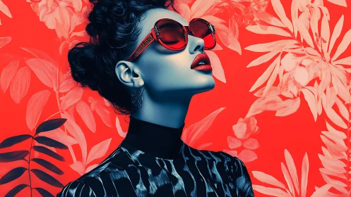 Digital fashion portrait with neon botanical backdrop tension.