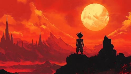 Solar-struck warrior beholds blazing crimson horizons.