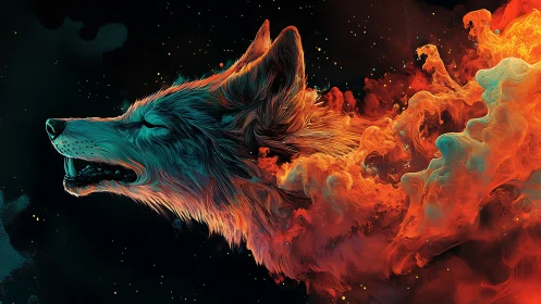 Neon wolf silhouette dissolving into fiery cosmic smoke.