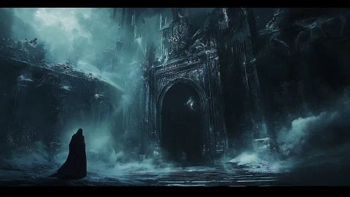 Shrouded wanderer before the frostbitten abyssal gate.