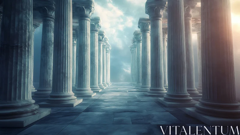 Grand marble colonnade under soft mist and sky light.