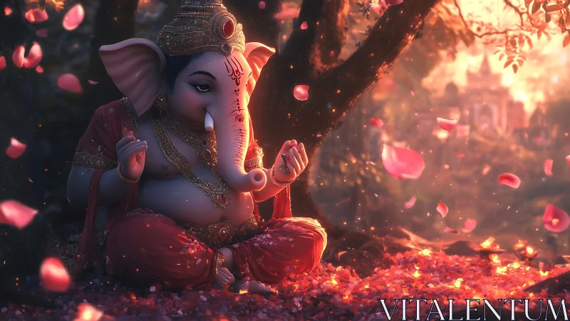 Gentle Ganesha in rose-petal dusk beneath glowing trees.