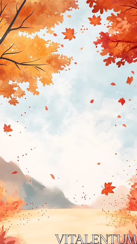 Vertical autumn landscape in soft atmospheric digital painting.