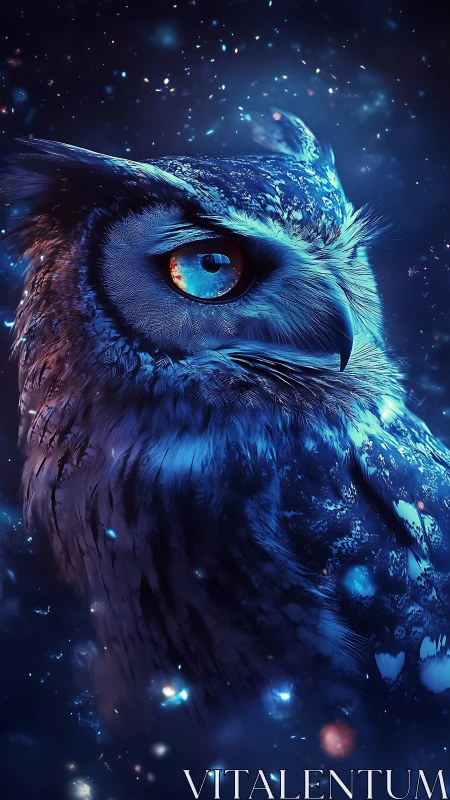 Stellar blue owl gazes through cosmic sparks in silence