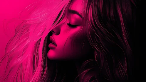 Side profile digital portrait in intense pink lighting.