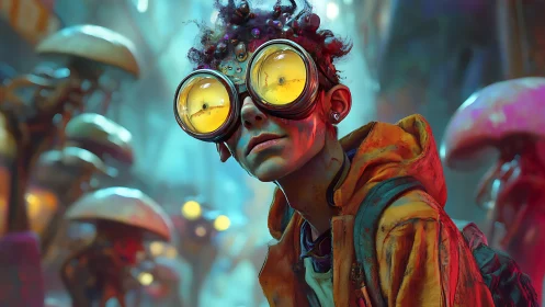 Neon-eyed wanderer in bioluminescent mushroom alleyway.