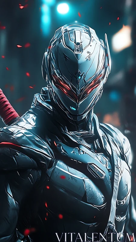 Armored humanoid figure stands in illuminated urban setting