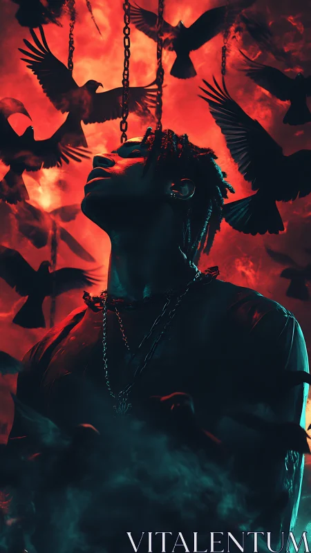 Silhouetted figure beneath chains and crows in crimson firestorm.