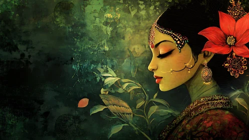 Ornate profile of serene woman amid lush green foliage.