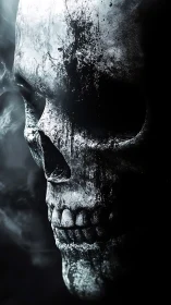Cracked silver skull leans from shadow, exhaling ghost smoke