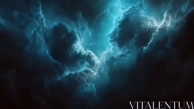 Celestial storm clouds unveiling luminous teal nebula portal.