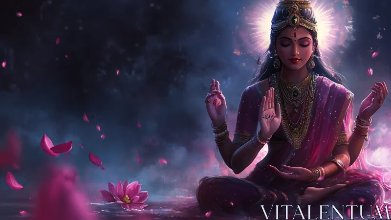 Divine meditative goddess in lotus pond with radiant halo light