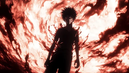 Anime inferno silhouette with dynamic backlit composition.