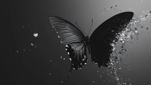 Black butterfly dissolves into glittering monochrome dust